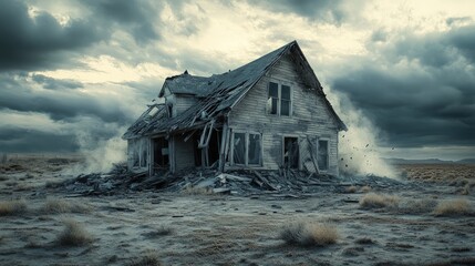 Desolate, crumbling house in a dramatic landscape