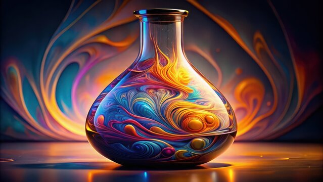 Vibrant liquid in a flask with colorful hues and swirled patterns, emitting a warm glow, artsy, flask,  artsy, flask, glowing