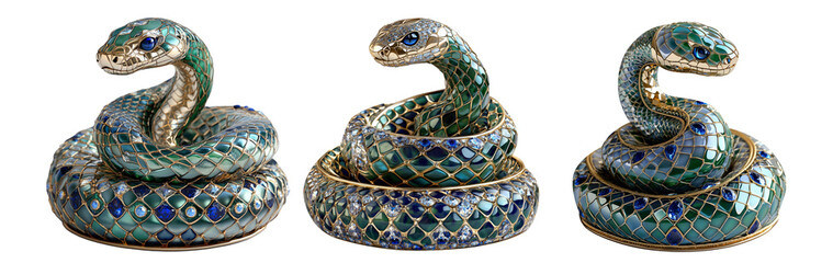 Elegant emerald snake sculpture with mosaic patterns and blue gemstones isolated on white transparent background, reptiles or wildlife, symbolizing Chinese Lunar New year
