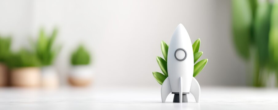 rocket growth minimal sustainability concept. A rocket model with green leaves symbolizes growth and innovation.