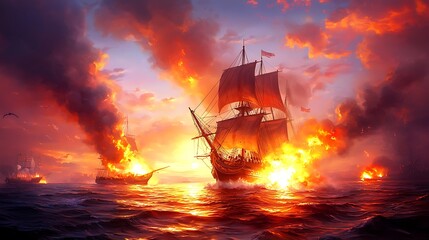 Obraz premium Fiery Naval Battle at Sunset: Warships Engage in Intense Cannon Fire