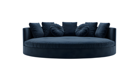 Round Velvet Sofa: A round navy velvet sofa with cushions provides a luxurious and stylish focal point for any modern living room or lounge space, offering comfort and inviting design.