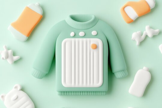 Mint green baby sweater surrounded by bottles and accessories in a soft 3D clay style illustration for newborn care concept.