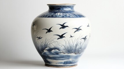 Ceramic vase with blue bird pattern against white background on plain surface.
