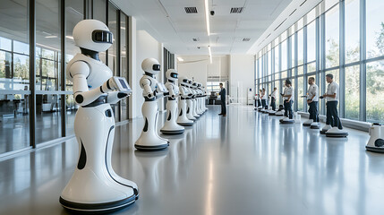 A robotics development lab, humanoid robots lined up for testing, engineers using augmented reality interfaces