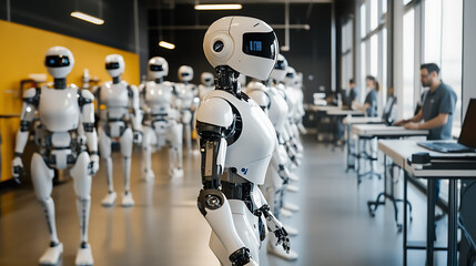 A robotics development lab, humanoid robots lined up for testing, engineers using augmented reality interfaces