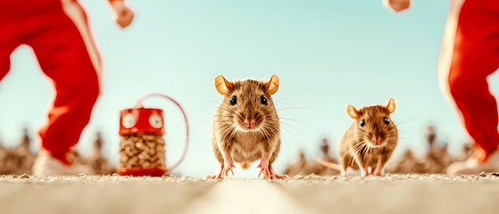 Rats facing camera, with a peanut-filled container and legs of people wearing red pants around them