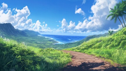 Naklejka premium Tropical Island Vista Hiking Path Overlooking Ocean