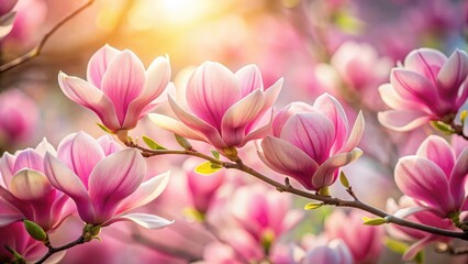 Obraz premium Delicate petals unfurl from elegant pink magnolia flowers in full bloom, showcasing vibrant hues and soft textures, floral