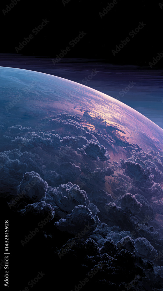 Poster earth viewed from space, showcasing a dramatic twilight scene with dark clouds and a vibrant purple-