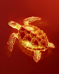 Golden Turtle on Red Background with Reflections and Minimalist Elegance. Generative AI