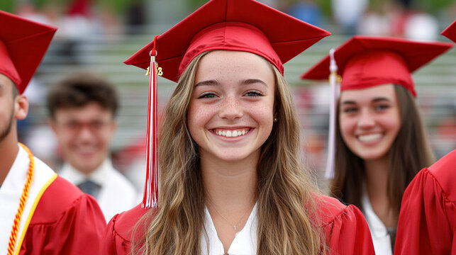 Retrato de una joven sonriendo con toga y birrete rojos durante una ceremonia de graduaci&oacute;n al aire libre

