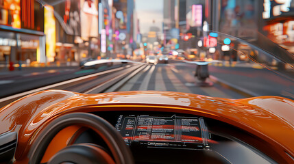A self driving car navigating a smart city intersection, augmented reality interface displaying real-time traffic data, High-tech style