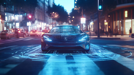 A self driving car navigating a smart city intersection, augmented reality interface displaying real-time traffic data, High-tech style