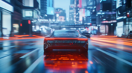 A self driving car navigating a smart city intersection, augmented reality interface displaying real-time traffic data, High-tech style