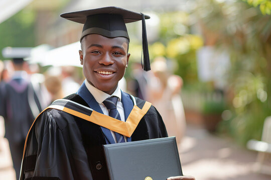 Joven graduado sonriente al aire libre con toga, birrete y diploma en la mano durante ceremonia de graduaci&oacute;n en un d&iacute;a soleado.

