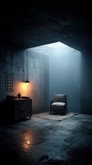 dimly lit room with chair and single light creates mysterious atmosphere