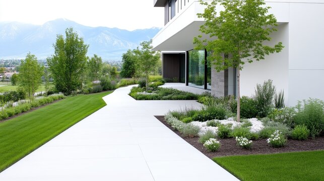 Modern residential house featuring a beautifully landscaped garden with a concrete pathway and green lawn under a bright daytime sky.
