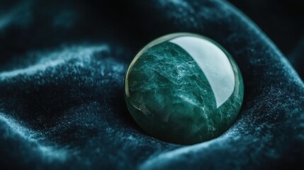 Deep green nephrite gemstone isolated on dark velvet fabric to enhance its shine