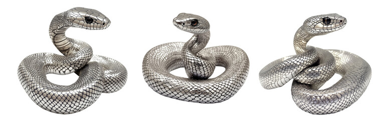 Fototapeta premium Coiled silver snake sculpture with detailed scales isolated on white transparent background, reptiles or wildlife, symbolizing Chinese Lunar New year