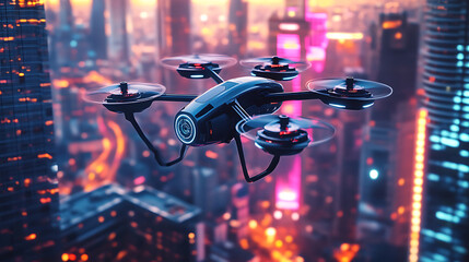 A sleek AI powered drone hovering in a futuristic cityscape at dusk, neon-lit skyscrapers reflecting on its metallic body, High-tech style