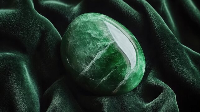 Deep green nephrite gemstone isolated on dark velvet fabric to enhance its shine
