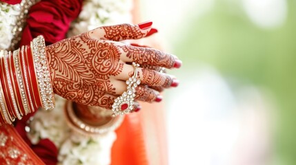 Indian bride's adorned hands with henna and jewelry