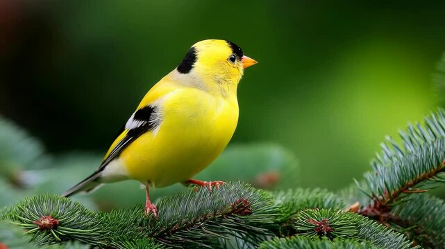 Vibrant yellow finch perches on pine branch against a smooth green bokeh background in a natural setting under bright light.