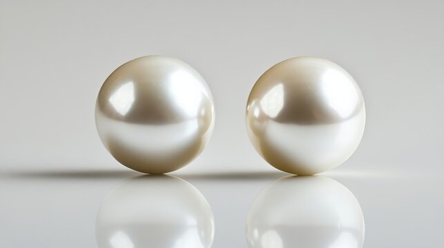 Fototapeta Fine jewelry pearl earrings shown up-close with reflection on polished white backdrop