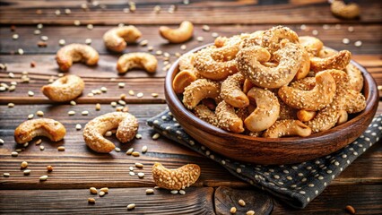 Crispy cashew nuts sprinkled with sesame seeds on a wooden table, nature, cashews,  nature,cashews