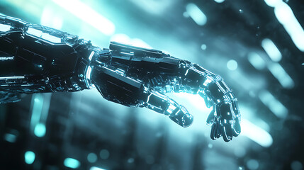 A sleek robotic arm with a luminescent outline, floating in a digitalized environment, High-tech style