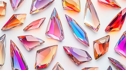 Gemstones with vibrant refractions arranged geometrically on a bright white background