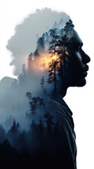 Silhouette of man blended with misty forest at sunrise