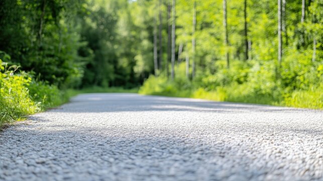 Empty gravel road stretching into a lush green forest on a bright sunny day.