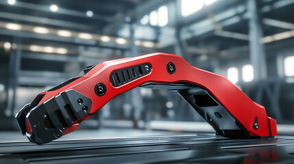 A sleek robotic gripper with a soft touch finish, designed for delicate tasks, set in a high-tech industrial setting