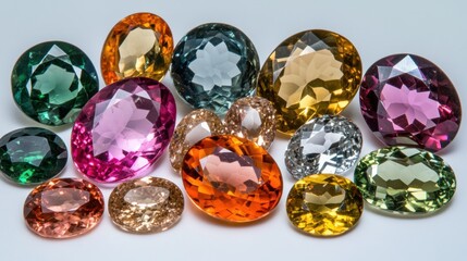 Fototapeta premium High-quality gemstones in oval and round cuts with rich colors displayed on white studio backdrop