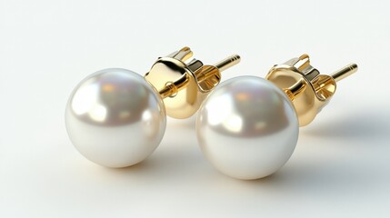 Isolated pair of classic round pearl earrings with minimalistic design on white background