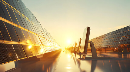 A solar energy research station in the desert, massive solar panel arrays reflecting sunlight, engineers monitoring data on tablets