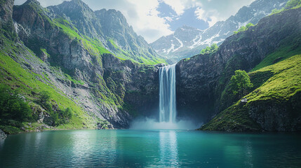 Spectacular Waterfall Cascading into a Serene Lake Surrounded by Lush Green Mountains