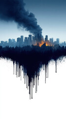 Melting city skyline with dripping ink effect, urban landscape