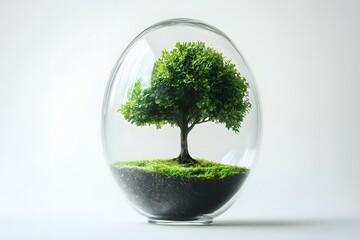 Green oak tree in a glass jar, on a white background