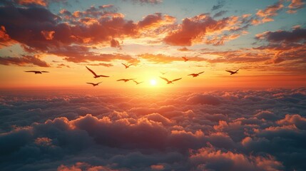 Fototapeta premium Birds Flying Above the Clouds at Sunset: A Breathtaking Aerial View