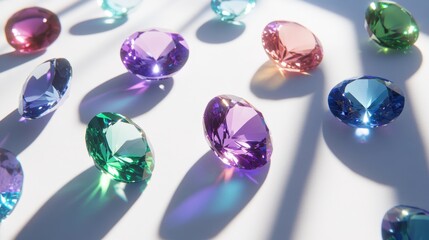 Fototapeta premium Loose gemstones glowing under soft light, neatly positioned on a white photography backdrop