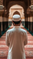 Obraz premium Muslim man praying in a grand mosque interior with intricate architecture and beautiful carpets