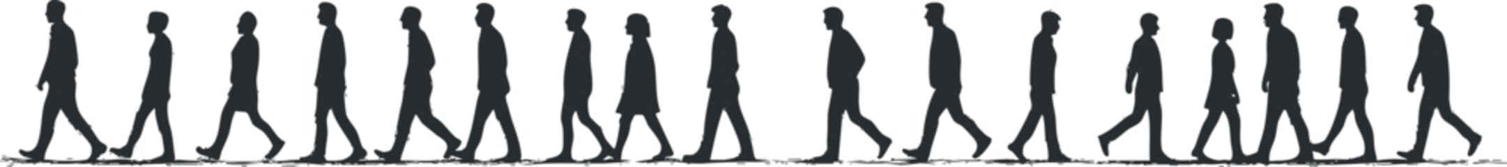 Silhouettes of diverse people walking in a line showing casual urban movement and daily life activity