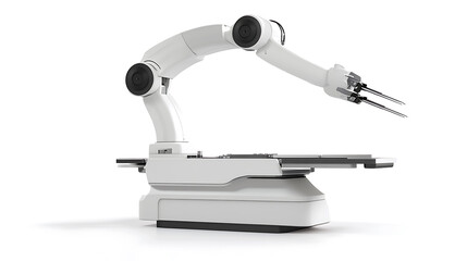 A surgical robotic arm with micro instruments, extending over a sterile operating table, High-tech style