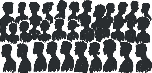 Silhouettes of diverse people in profile view arranged in two rows representing community and social interaction