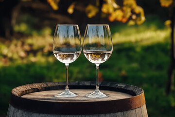 Two white wine glasses on barrel outdoors