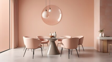 Minimalist dining area with modern round table and beige chairs in peach room, separated by textured glass panel. 3D Rendering


