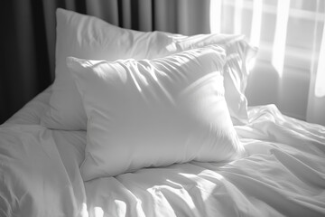 Two white pillows on a bed, sunlight